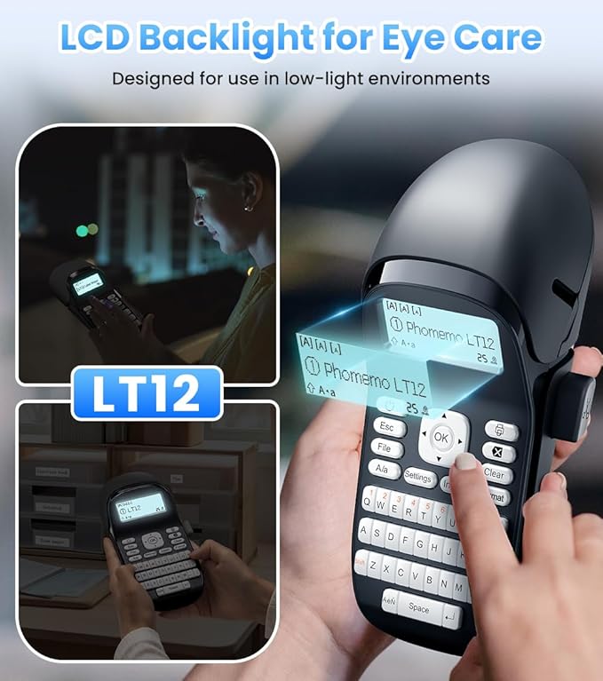 Phomemo LT12 Label Maker Machine with Tape, Rechargeable Handheld Label Makers with QWERTY Keyboard Portable Bluetooth Labeler with & 1600+ Icons, 30+ Fonts, for Home, Office, Gray