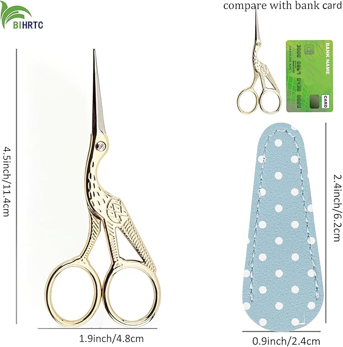 BIHRTC Small Craft 4.5Inch Embroidery Scissors with Artificial Leather Cover Stainless Steel Tip Bird Stork Scissors Shears for Sewing Crochet Embroidery Paper Art Work