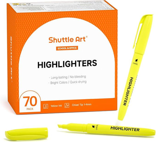 Shuttle Art 70 Pack Highlighters, Yellow Highlighters with Versatile Chisel Tip, Highlighter Markers Bulk in Vibrant Color for Highlighting as Office, School Supplies