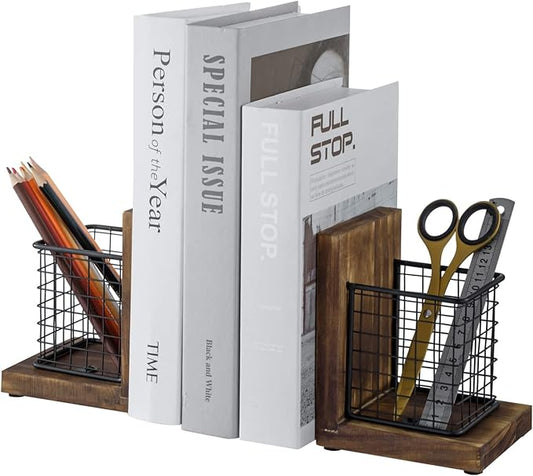 MyGift Rustic Burnt Wood Decorative Bookends for Heavy Books with Matte Black Metal Wire Basket Pencil Cup and Office Supplies Storage Baskets, 1-Pair