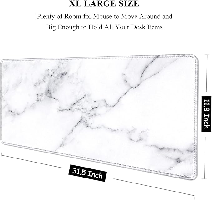 Auhoahsil Large Mouse Pad, XXL Gaming Mousepad, Desk Mat for Desktop, Thick Rubber, Big & Long Size, Stitched Edges, Full Desk Pad for Laptop & Computer, Extended 31.5 x 11.8 in, White Marble