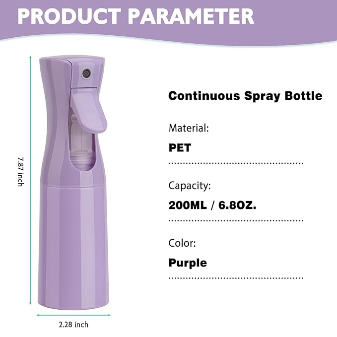Continuous Mist Spray Bottle for Hair, Face & Plants (6.8oz/200ml) - Ultra Fine Travel-Size Water Mister for Salons, Cleaning, Pets & Skincare Leakproof Design