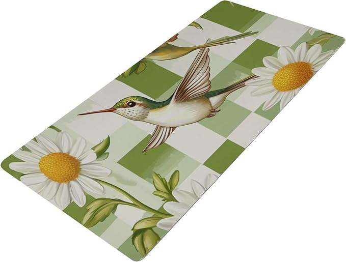 Mouse Pad Desk Mat Leather Desk Pad Large Gaming Desk Cover Protector Mat for Keyboard Computer Laptop Office Waterproof 35.4 x 16.5 Inch Checkered Green and White Hummingbirds Daisy