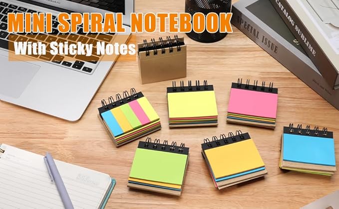 RHAWOM 8 Pads Spiral Notepad,3 x 3.5 Kraft Cover Mini Notebook with 2X 3 inches Sticky Notes and Page Marker，250 Counts/Pad Gift for Student