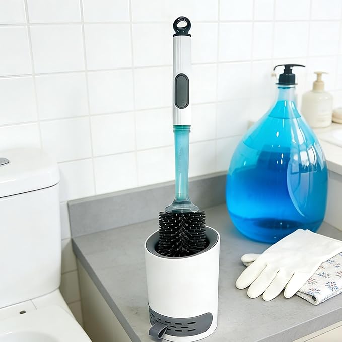 xyadyhz Toilet Brush Set, Silicone Toilet Bowl Scrubber & Holder - Reusable & Drip-Proof Bathroom Cleaner, Space-Saving Design for RV, Apartment; Includes Dispenser, Grey 1PCS