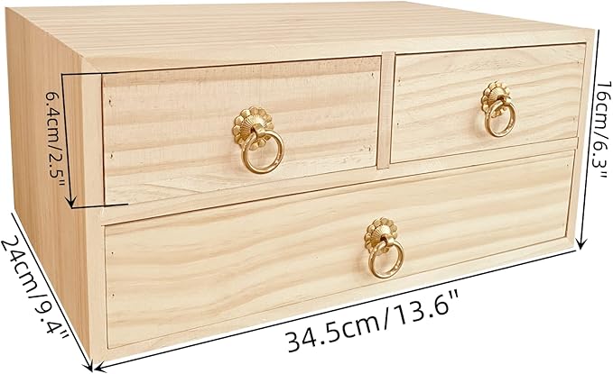 2 Layer Desk Organizer Wooden Desktop Organizer Tabletop Storage Organization Box Natural Wood Counter Drawer with Metal Handle 3 Drawer for Desk Accessories Home Office Counter Craft Decor