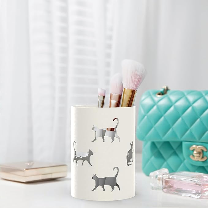 Mango Steam Metal Pen Holder, Makeup Brush Cup Organizer for Office, Bathroom, Vanity (White, Cat)…