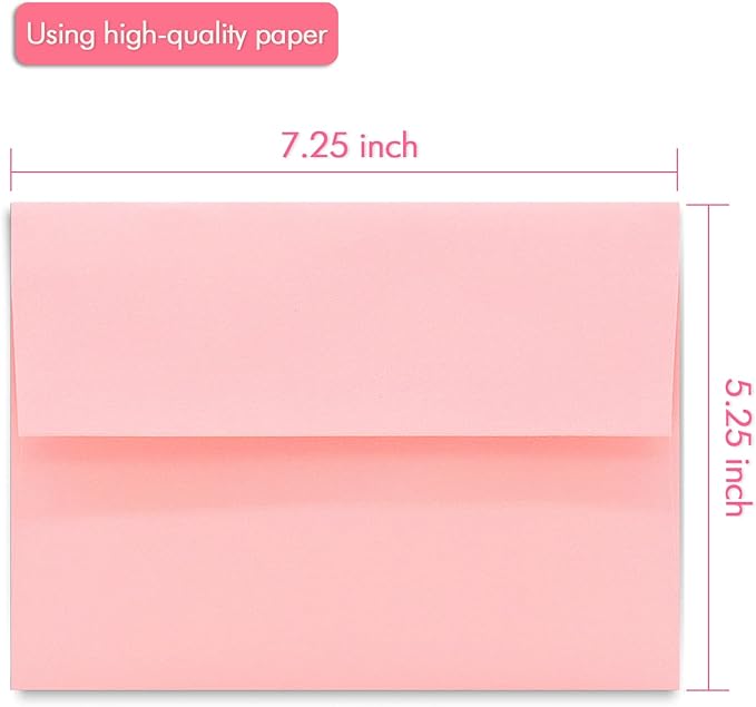 100 Pack A7 Pink Pastel Invitation 5x7 Envelopes - Self Seal, Square Flap,Perfect for Baby Shower, 5x7 Cards, Weddings, Birthday, Invitations, Graduation, 5.25 x 7.25 Inches (Rose Pink)
