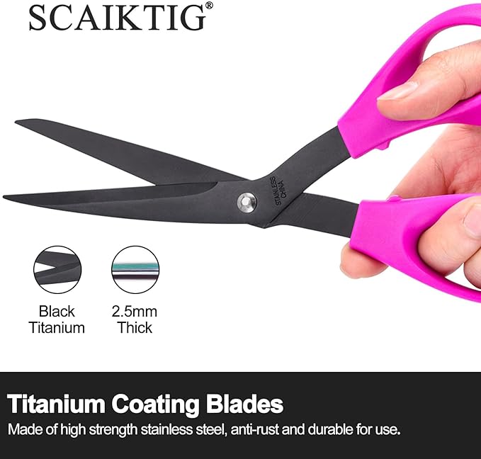 8.5‘’ Bent Fabric Scissors All Purpose Sharp Heavy Duty, Bent Shears for Sewing Crafting Cutting Clothes, Felt, Leather, Paper Supplies, Purple Handle and Black Titanium Coating Blades