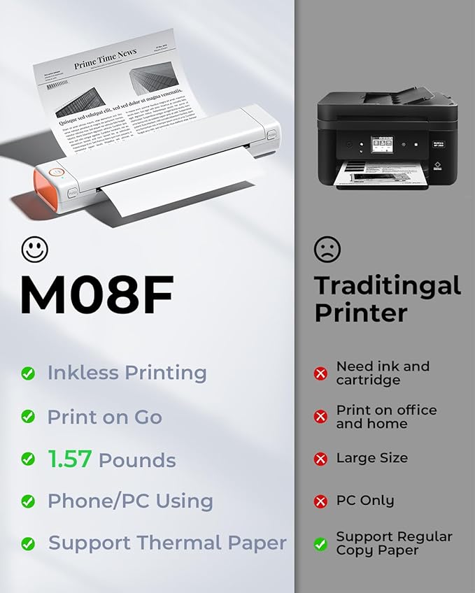 Phomemo Portable Printers Wireless for Travel, M08F Thermal Bluetooth Printer Support for 8.5"x11" US Letter, Small Inkless Printer Compatible with iOS, Android, Laptop for Car, Office, Home