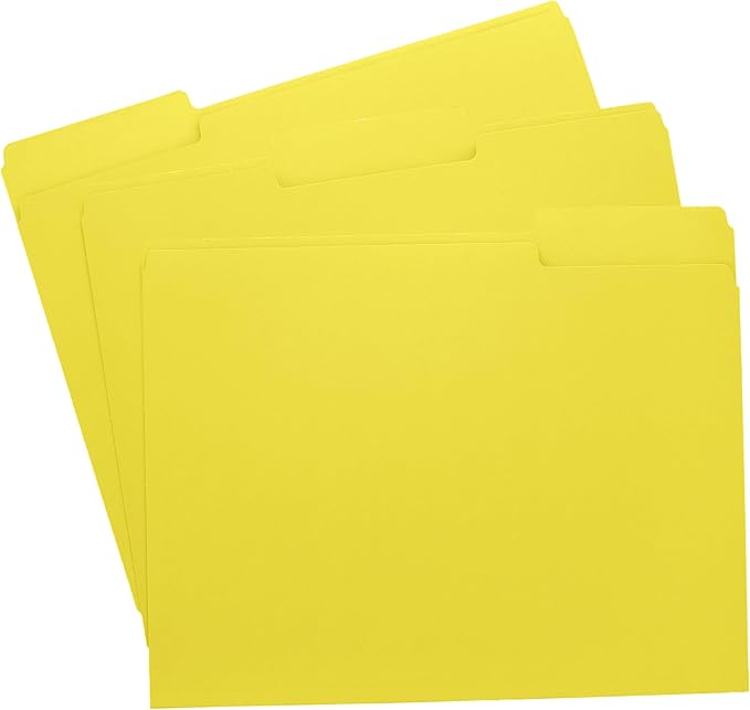 Yellow File Folders, 1/3-Cut Tabs, Letter Size, 12-Pack – Durable Office Filing Folders for Documents, Papers, and Organization