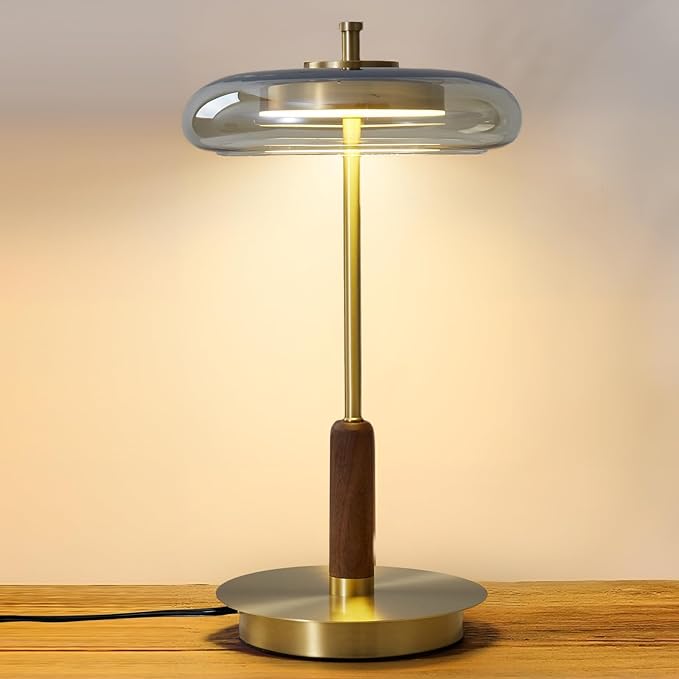 Small Table Lamp for Bedroom-Brass Base Mushroom Table Lamps,Amber Glass Shade,LED Three Color Temperature Adjustable Brightness Modern LED Side Table and Desk Lighting(H 15.4 in)