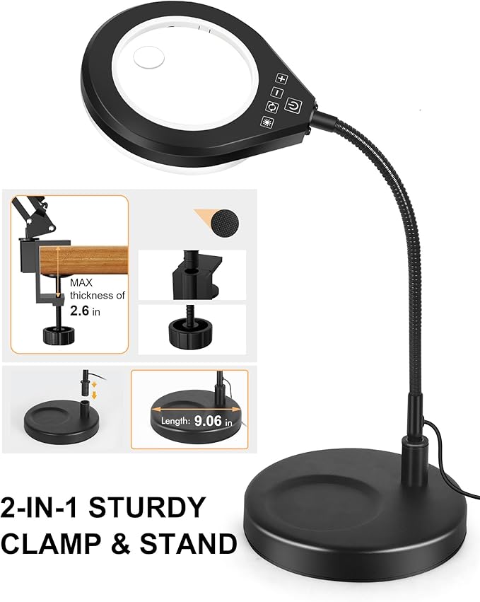 Flexible Gooseneck 2-in-1 Magnifying Glass with Light and Stand,10x & 5x Real Glass Lens Magnifying Lamp, 5 Color Stepless Hands-Free LED Desk Lamp with Clamp for Painting, Crafts, Reading (White)