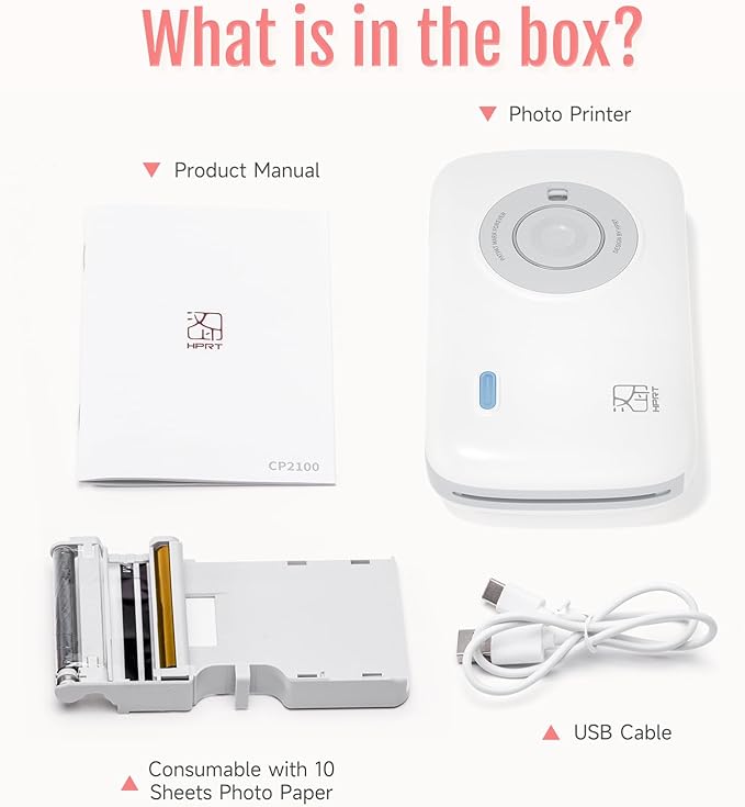 HPRT CP2100 Portable Photo Printer for iPhone, Wireless Picture Printer for Smartphone, 2x3 Mobile Photo Mini Color Printer, Instant Thermal Dye Sublimation Tech, Bluetooth (White-Grey)
