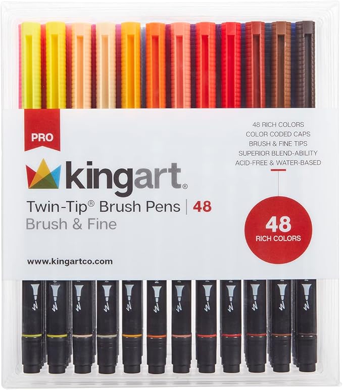 KINGART PRO Dual Twin-Tip Brush Pens, Set of 48 Unique & Vivid Colors, Watercolor Markers with Flexible Nylon Brush Tips, Professional Watercolor Pens for Painting, Drawing (445-48)