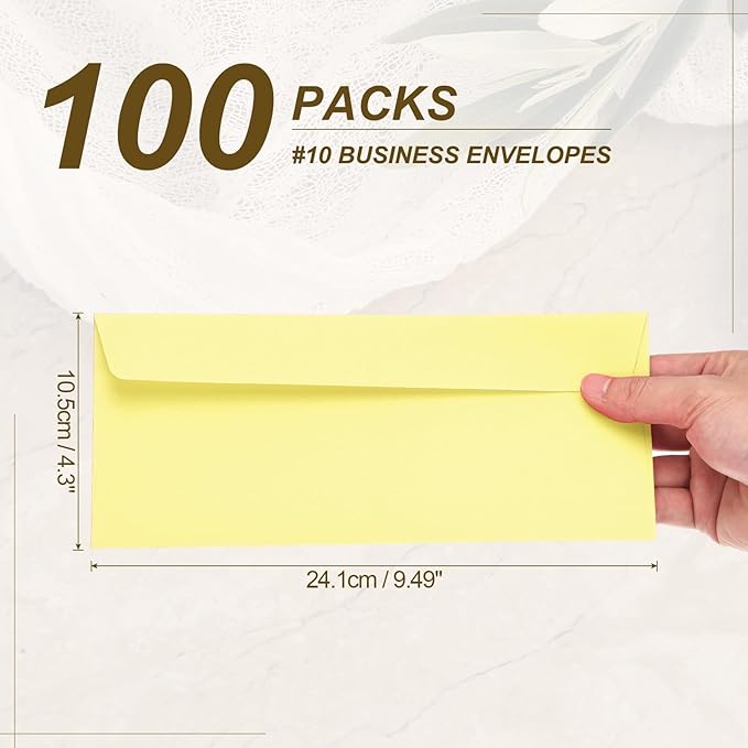 PATIKIL 100 Pack Light Yellow #10 Business Envelopes, Colored Self Seal Letter Size Envelopes for Business Mailing Office Checks Invitation, 4-1/8 x 9-1/2 Inches