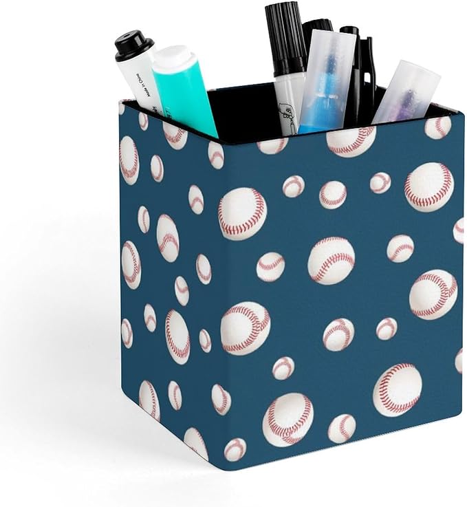 Square Pen Holder & Pencil Organizer for Desk - Office Storage Organizer, Markers/Makeup Brushes/Scissors Holder, Compact Desk Decor Accessories for Home Classroom School(Baseball)