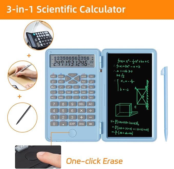 Scientific Calculator with Writing Pad, 240 Computing Functions, Foldable Case, HD Screen, Anti-Deletion Lock & One-Click Clear, Perfect for School, Finance & Engineering (Sky Blue)