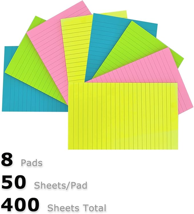 8 Pads Lined Sticky Notes 5 x 8 in, Bright Colors, Colorful Large Sticky Notes with Lines Self-Stick Note Pads for Home Office School Supplies, 50 Sheets/Pad, 400 Sheets Total, 4A 5084-N-Lx2