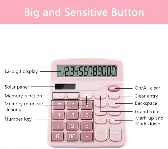 Office Calculators Desktop, 12-Digit Dual Power Cute Calculator with Large LCD Display Big Button for Office Home and School (Pink)