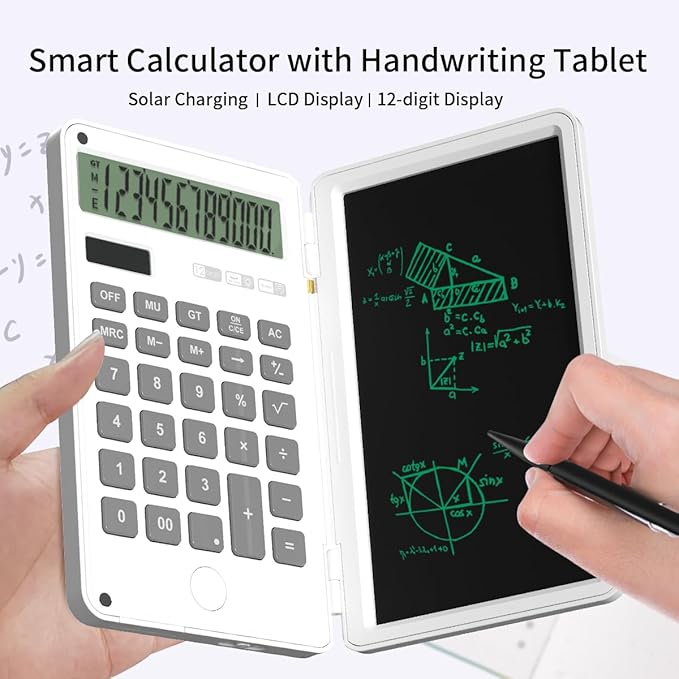 Calculator with Writing Pad,12-Digit LCD Display, Dual Power Solar + Coin Cell,1-Yr Battery Life Silicone Keys for Comfort Lightweight Portable for Students/Engineers/Professionals (White)