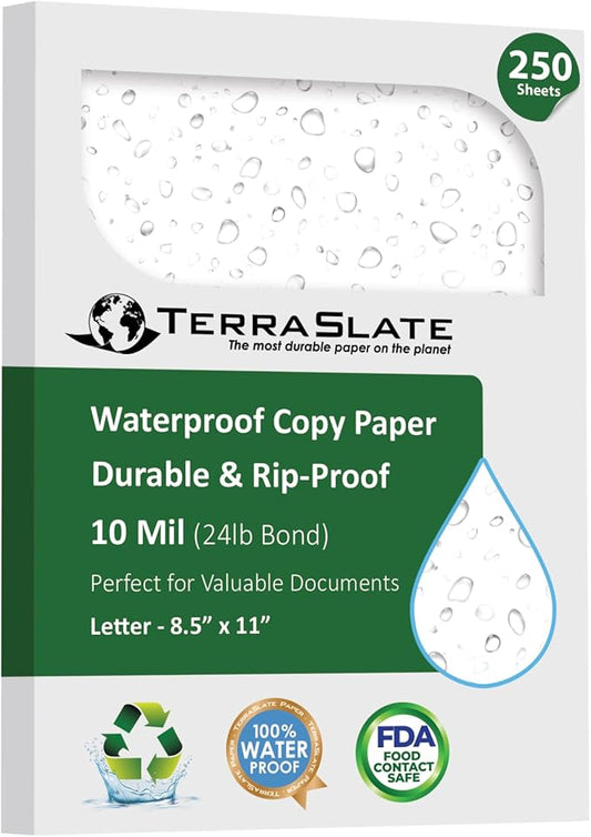 TerraSlate Premium Rain/Weather/Waterproof Paper, 10 MIL 8.5 x 11 Inches, Bright White, Durable Printer Paper (250 Sheets)