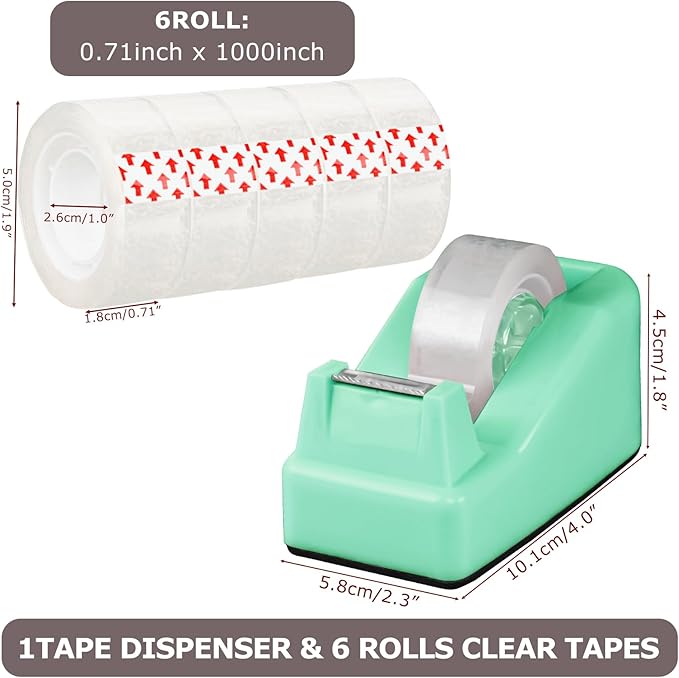 Desktop Tape Dispenser Green with Weighted Nonskid Base - Includes 6 Rolls of Transparent Tape (0.71 Inch x 1000 inches Each)