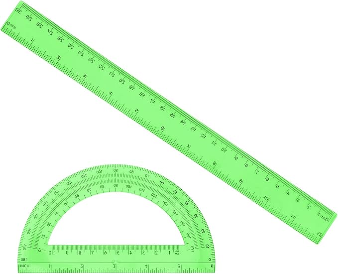 2 PCS 12 Inch Plastic Ruler and 6 Inch Plastic Protractor, Green Clear Ruler Protractor Math Geometry Sets Rulers Angle Finder with Inches and Centimeters for School Classroom Office Drawing Supplies