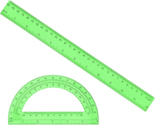 2 PCS 12 Inch Plastic Ruler and 6 Inch Plastic Protractor, Green Clear Ruler Protractor Math Geometry Sets Rulers Angle Finder with Inches and Centimeters for School Classroom Office Drawing Supplies