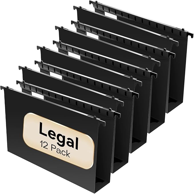 Plastic Extra Capacity Legal Size Hanging File Folders,12 Pack Reinforced Legal Hanging Folders,Heavy Duty 2 Inch Expansion,Adjustable Tabs,Filing Cabinet Folders for Bulky Files (Black)