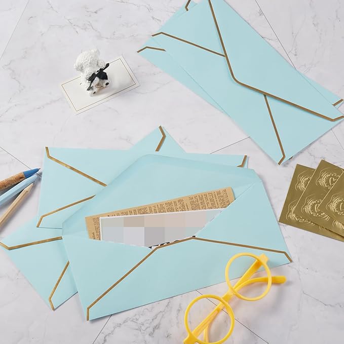30 Pack Thick #10 Business Envelopes with Gold Border, 4 1/8 x 9 1/2 Thick Paper Standard Envelopes with Stickers for Office, Checks, Letter Mailing, Invoices (Light Blue)