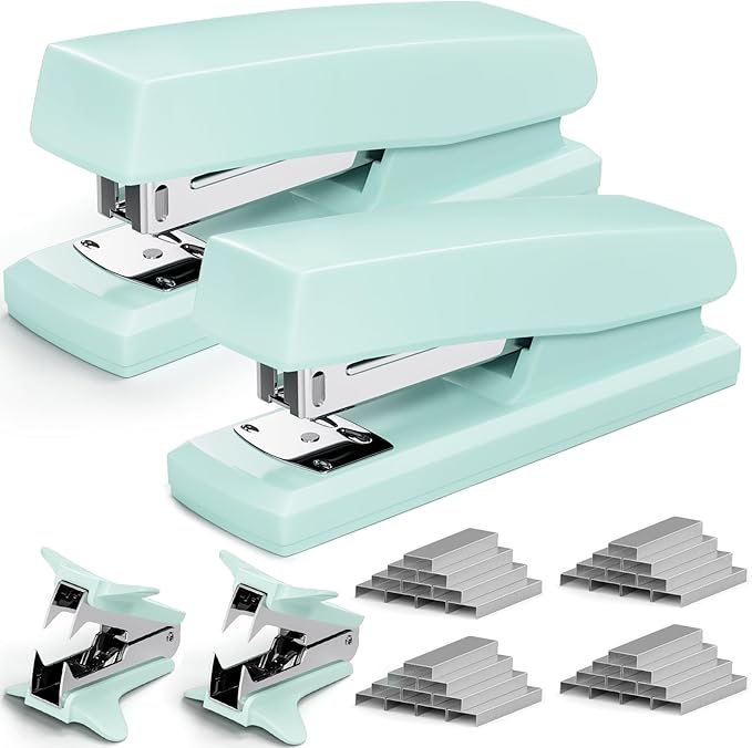 2 Pack Green Office Staplers, 25-Sheet Capacity with 4000 Staples and 2 Staple Removers, Desktop Stapler, Green Office Supplies for Students and Office Clerks