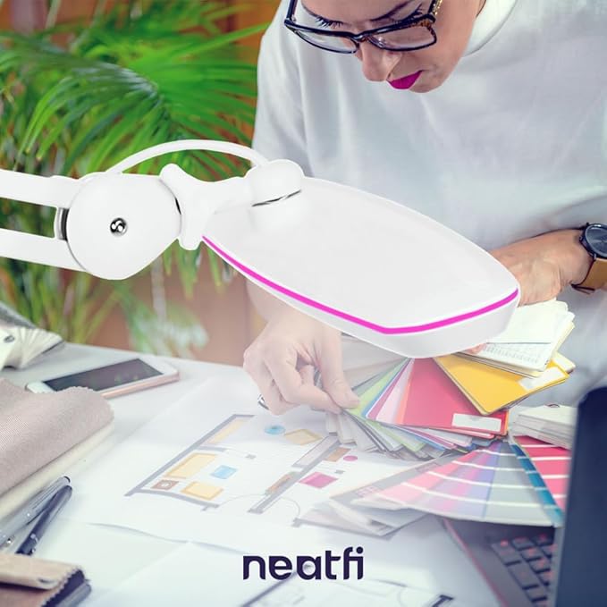 Neatfi XL 2,200 Lumens LED Desk Lamp, 23 Inch, 24W, Adjustable Arm, Dimmable, Eye Caring, Nail Light for Home, Office, and Study Room (Non-CCT with Clamp, White with Pink Ring)