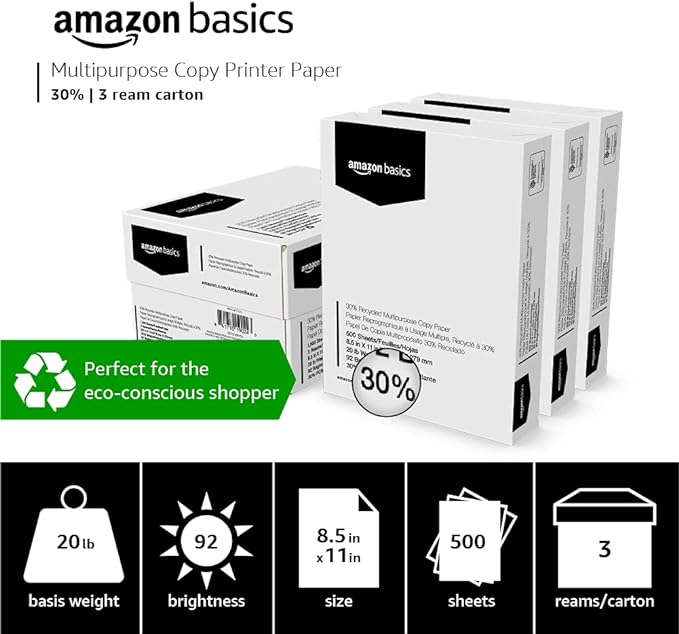 Amazon Basics 30% Recycled Multipurpose Copy Printer Paper, 8.5 x 11 Inches, 20 lb, 3 Ream, (1,500 Sheets), 92 Bright, White