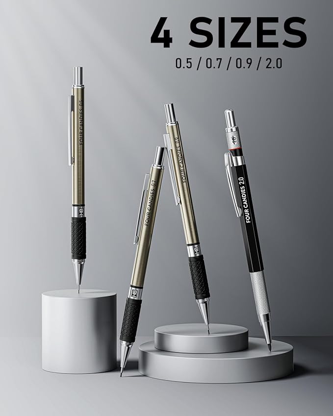 Four Candies 25PCS Art Mechanical Pencil Set with Case, 3PCS Metal Artist Lead Pencil 0.5, 0.7, 0.9 mm & 3PCS 2mm Holder (HB 2H 2B 4B Color) with 432PCS Graphite Lead Refills for Drawing Sketching