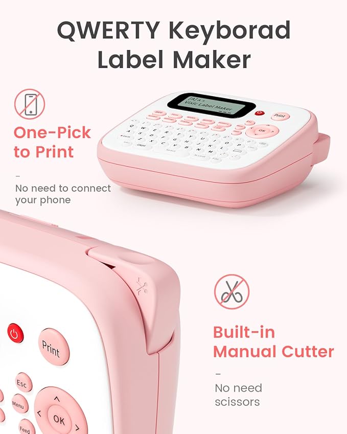 Vixic Pink Label Maker, D210S Label Maker with Tapes Waterproof, Handheld Label Makers Labeler Includes USB-C for Power, Easy-to-Read Screen, Multiple Fonts Icons Frames for Home Office Organization