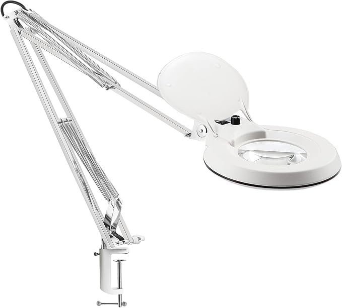10X Magnifying Glass with Light and Stand,Dimmable Book Lighted Magnifier,Adjustable Stainless Steel Lamp Arm,Large LED Desk Lamp Hands Free for Crafts Hobby Reading Painting Sewing Close Work