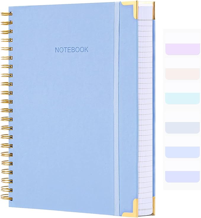 Spiral Notebook, College Ruled Notebook, 8.5" x 11", 300 Pages Hardcover Leather Notebook Journal for Women Men, A4 Large Lined Journal Notebooks for Work School, 24pcs Index Tabs, Thick, Light Blue
