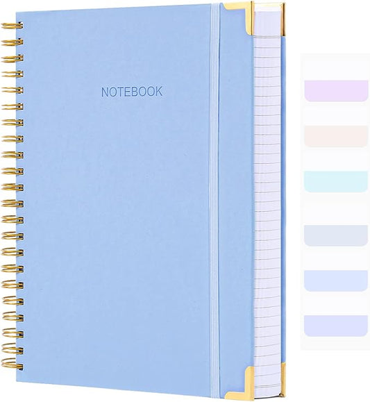 Spiral Notebook, College Ruled Notebook, 8.5" x 11", 300 Pages Hardcover Leather Notebook Journal for Women Men, A4 Large Lined Journal Notebooks for Work School, 24pcs Index Tabs, Thick, Light Blue