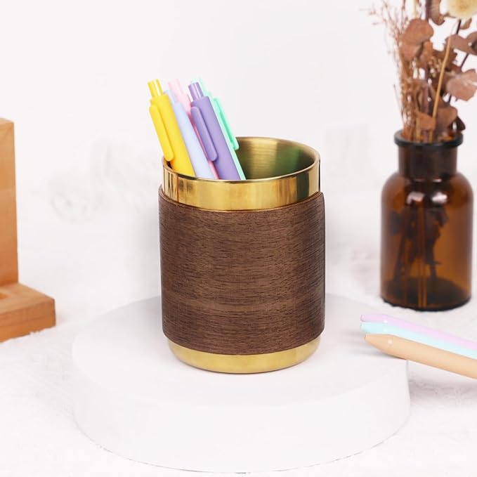 MultiBey Gold Pencil Holder Cup, Luxury Walnut Pen Holder Metal Organizer Small Vase, Offices Stationery Makeup Brushes Holder Decoration Desk Accessory for Office Home