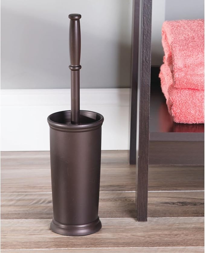 mDesign Plastic Compact Toilet Bowl Brush, Round Slim Wastebasket, Garbage Can/Recycling Bin Combo - Bathroom Cleaning/Storage, Holds Tissue, Cotton Balls, Trash, Hyde Collection, Set of 2, Bronze