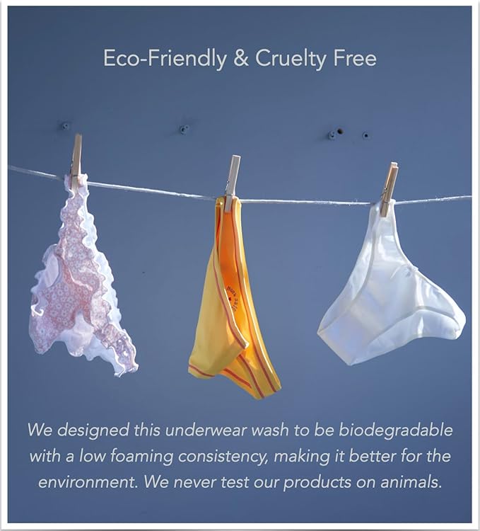 Underwear detergent designed to wash your underwear by hand in the shower or sink. Removes bad odors and blood stains. Good for 75 to 150 washes. Biodegradable. Never tested on animals. With enzymes.