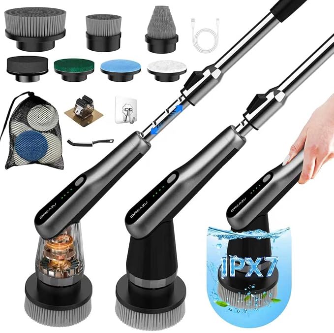 G2-Pro Electric Spin Scrubber - Upgraded 12-in-1 Scrubber Brush Electric, Retractable Handle & 2-Speed for Bathroom, Bathtub, Kitchen, Tile Floors（White/Gray Brush Head）