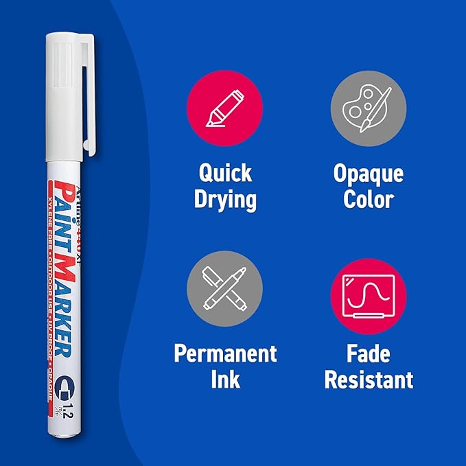 Artline 440XF Paint Markers for Wood, Plastic, and Canvas, Waterproof Marker for Indoor/Outdoor Applications, Opaque Coloring Markers with 1.2mm Bullet Tip - White, 12 Pack