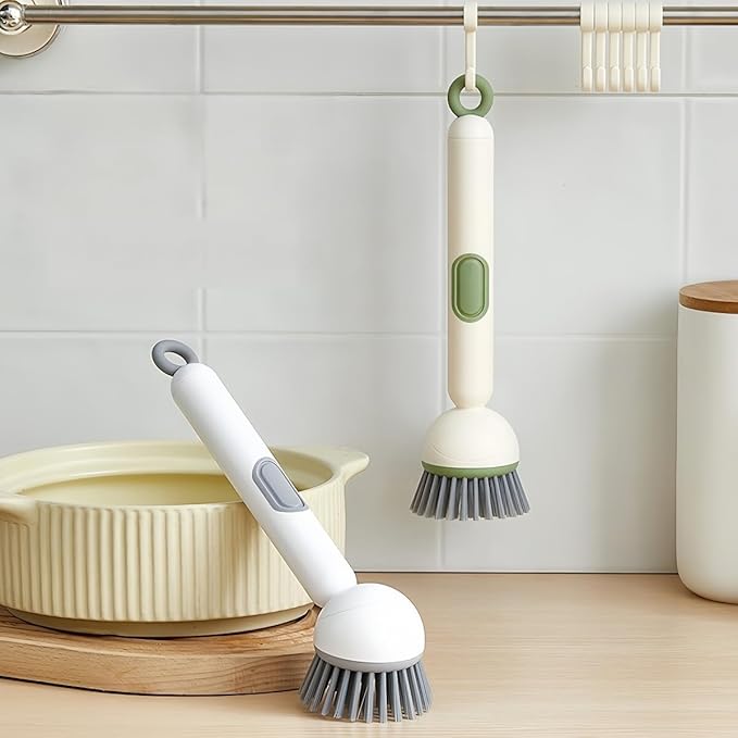 Adjustable Dish Brush with Soap Dispenser, Non-Scratch PET Bristles, Ergonomic Handle, Kitchen Cleaning Tool for Pots, Pans & Sink (Grey, Combination Style (1 Long + 1 Short))