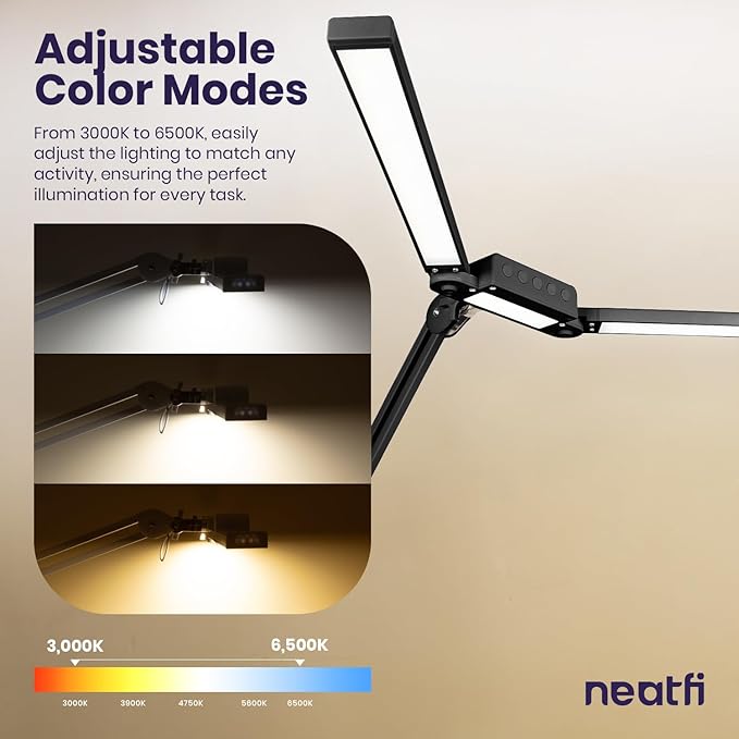 Neatfi LED Desk Lamp, Dimmable Desk Light with 360 SMD LEDs, 30W, CRI 95, Adjustable Color Temperature, Task Lamp for Home, Office, and Workbench (CCT, Black, 41 Inches)