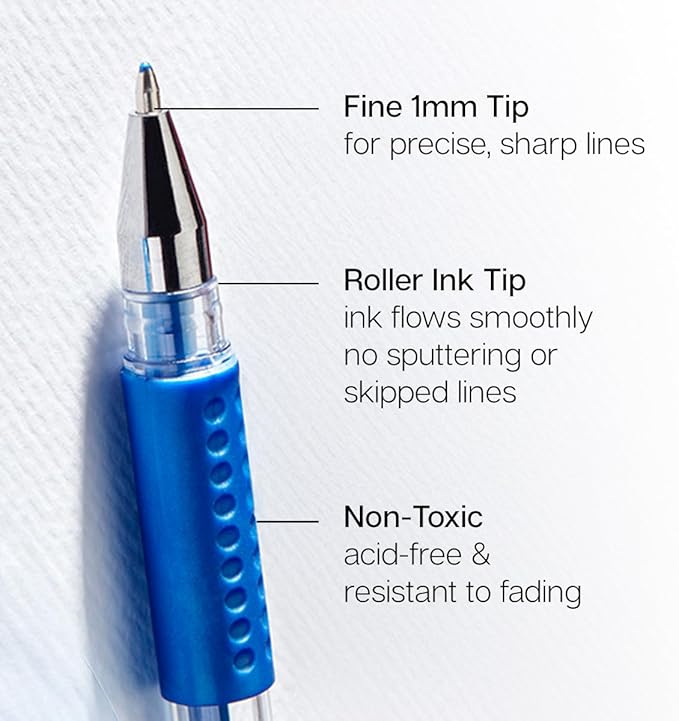 KINGART 400-20 Metallic Rollerball Gel Pens, Set of 20 Shiny Colors with Soft-Grip Comfort, XL Ink Cartridge - Ink, Great for All Ages, Writing, Coloring, Doodling, Scrapbooking, Journaling & More