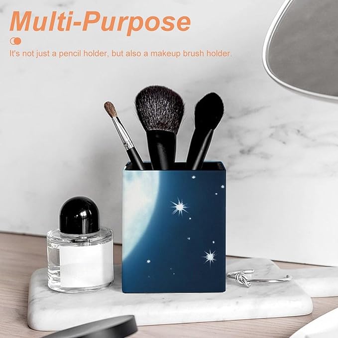 Holder Cup Makeup Brush Storage Organizer, Waterproof Multifunctional Office Supplies, Pen Holder Square Leather Pencil Full Moon Wolf