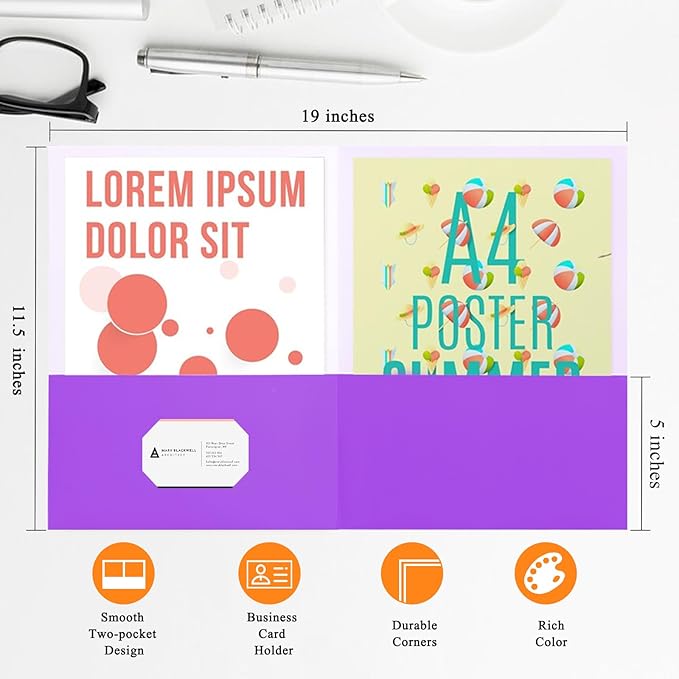 50Pcs Purple Folders with Pockets and Business Card Holder,Two Pocket Folders for School,Home or Office,Durable Heavy Duty File Folders