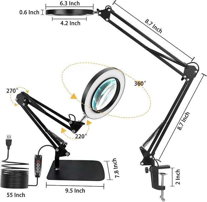 15X Magnifying Glass with Light, Table Lamp with Stand and Clamp, 2-in-1 LED Desk Lamp with Magnifier, 3 Color Modes, 72 LEDs, Real Glass Lens for Close Works, Craft, Hobby, Painting, Reading, Repair